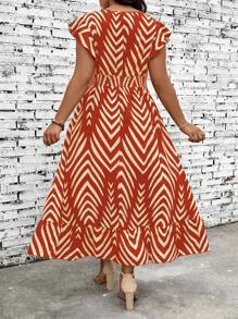 Breezaya Plus Size Women's Contrast Color Pattern V-Neck Casual Everyday Dress - Hot Pink - View 2