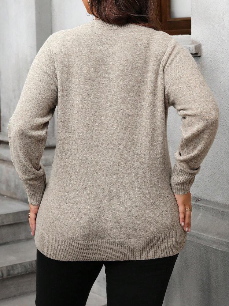Easura Suéter de Manga Longa Minimalista Casual Diário Plus Size, Suéter de Tricô de Inverno Outono - Caramelo - Visão 2