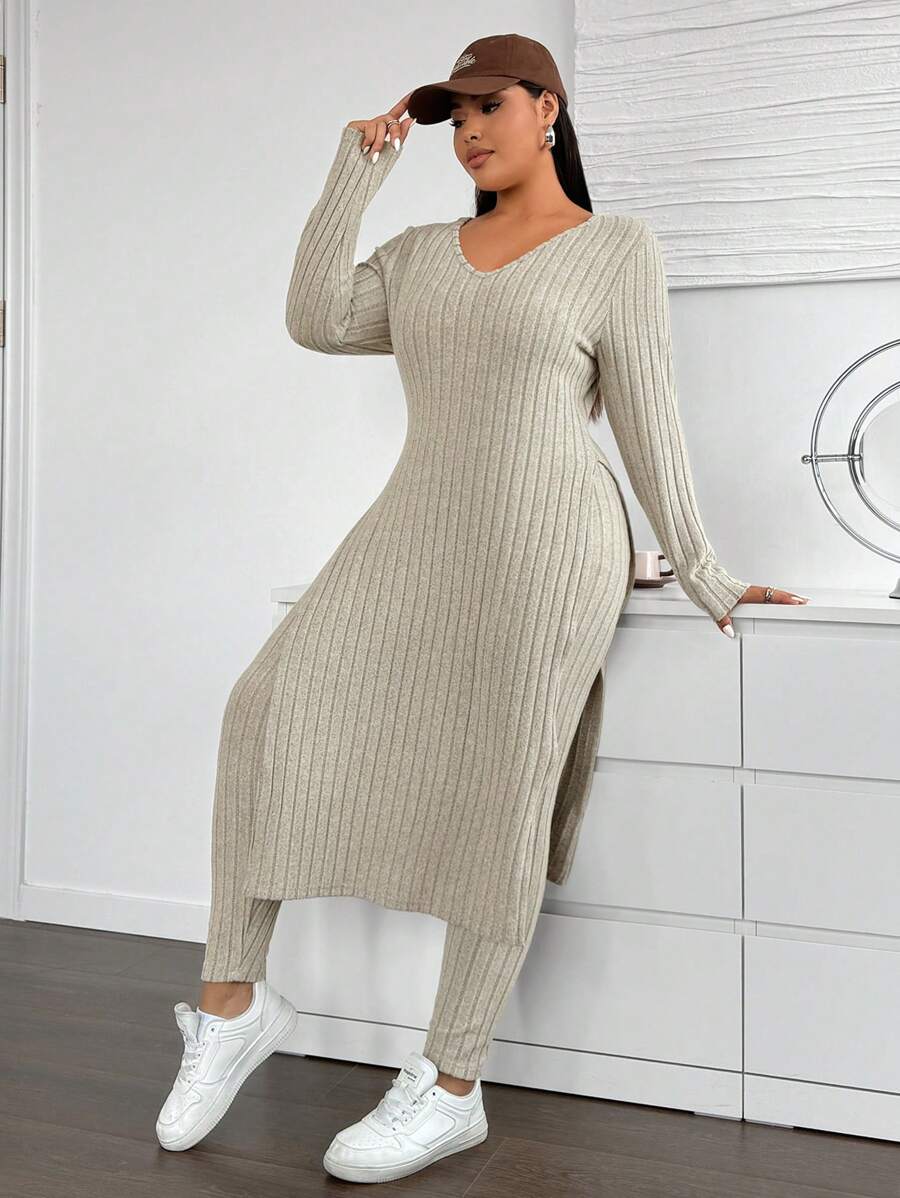 Flirla Bộ 2 món áo dài tay đơn giản màu trơn cỡ lớn cho nữ và quần dài, mặc vào mùa đông - Màu be - Xem 1