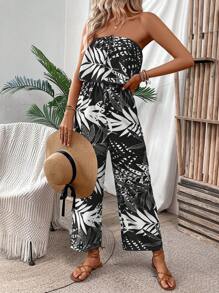 Breezaya Mono casual con top tubo con volantes, estampado de plantas, para mujer de vacaciones - Negro - Ver 5