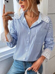 SHEIN LUNE 女式条纹衬衫，领口和袖口带蕾丝 - 藍色 - 查看 1