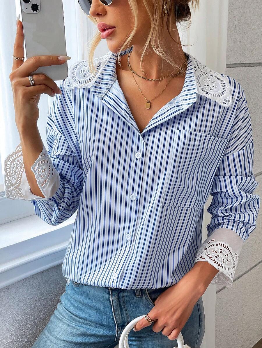 SHEIN LUNE 女式条纹衬衫，领口和袖口带蕾丝 - 藍色 - 查看 1