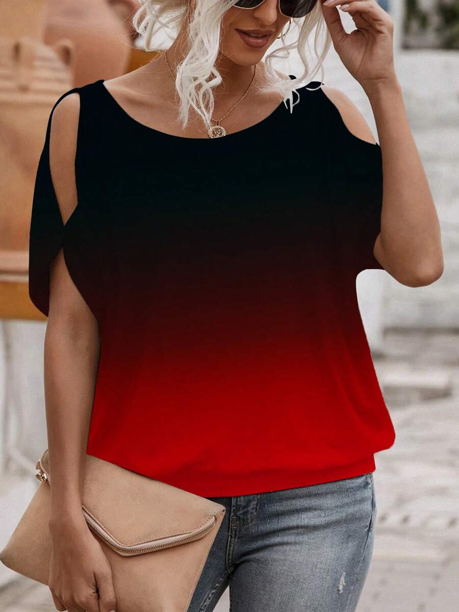 SHEIN LUNE Ombre Print Hollow Out Round Neck T-Shirt For Women - Multicolor - View 1