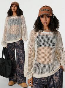 SHEIN EZwear Tween Girls Fall Back To School Lễ hội âm nhạc thoải mái Lưới thoáng khí Áo len cổ tròn màu be - Màu be - Xem 1