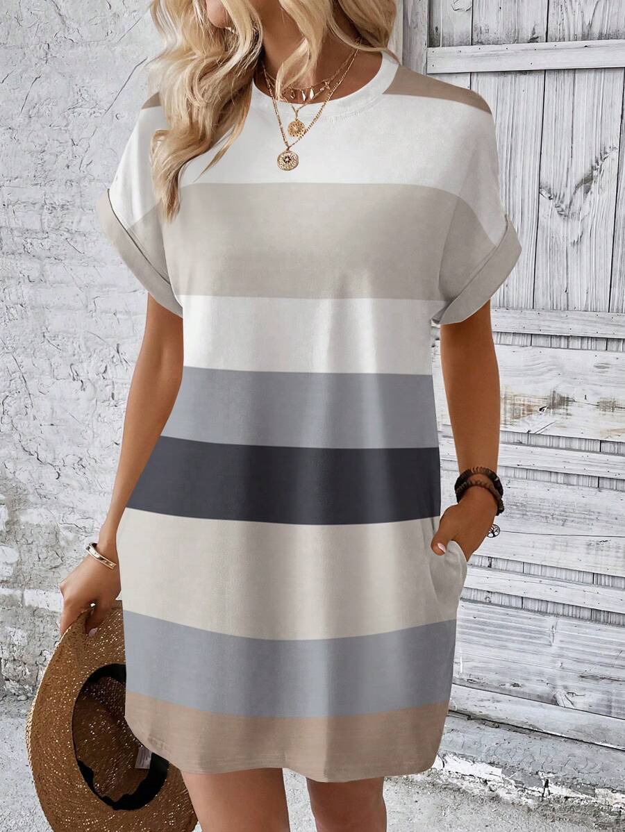 SHEIN LUNE Vestido de verano casual para mujer holgado con bolsillos laterales y estampado de rayas - Gris - Ver 1