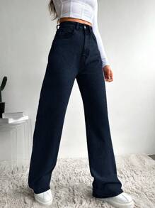 SHEIN Cottnline High Waist Wide Leg Jeans - Navy Blue - View 5