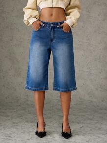 Forever 21 Autumn Winter Retro Loose Casual Washed Denim 3/4 Pants - Baby Blue - View 1