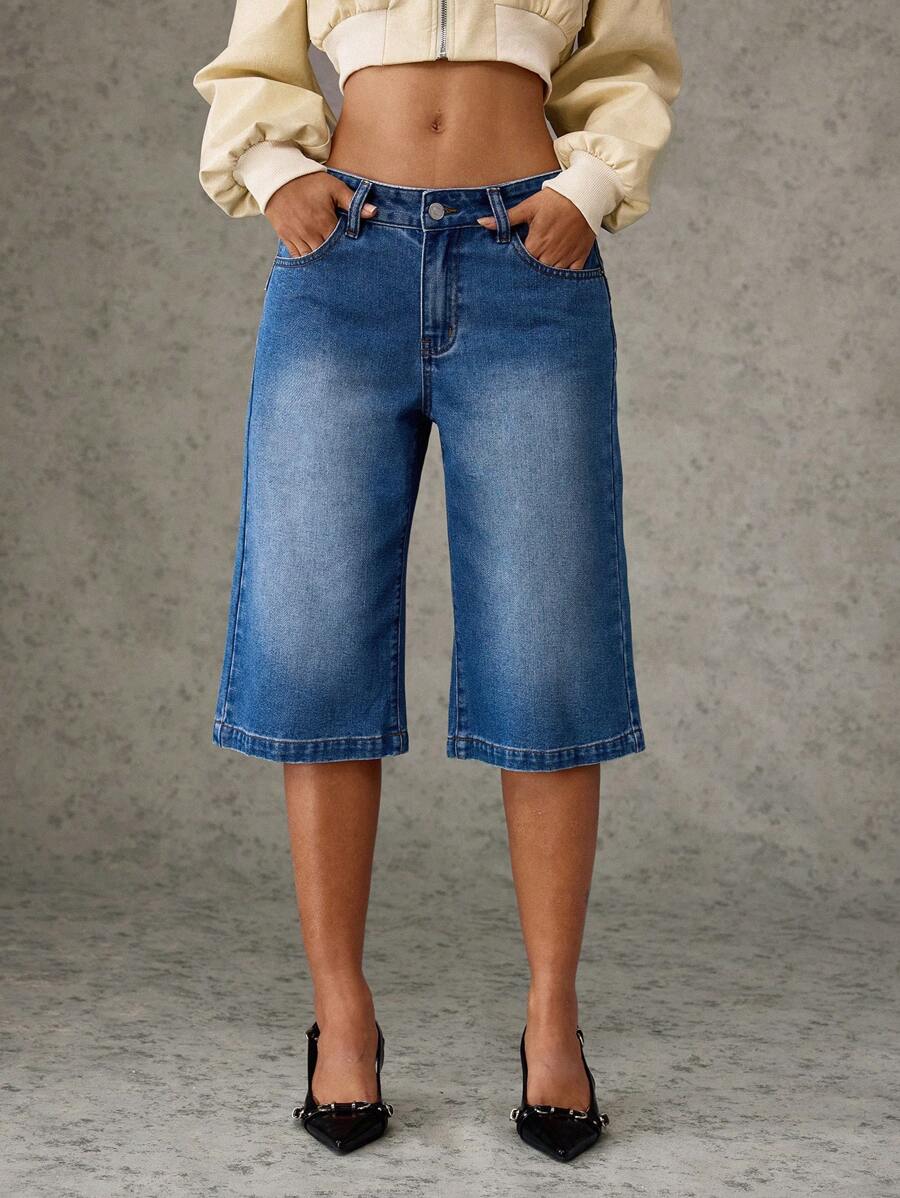 Forever 21 Autumn Winter Retro Loose Casual Washed Denim 3/4 Pants - Baby Blue - View 1