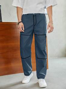 SHEIN Teenboys' Casual Versatile Cargo Pocket Black Woven Pants With White Stitching Detail - Dusty Blue - View 4