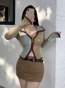DAZY Áo len cardigan dệt kim chắp vá màu tương phản dành cho nữ, khối màu, quần áo mùa thu - Màu xanh Bạc hà - Xem 3