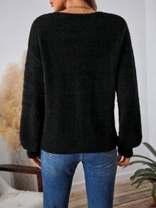 SHEIN LUNE Áo len dệt kim cơ bản dài tay cổ chữ V thông thường dành cho nữ - màu đen - Xem 2