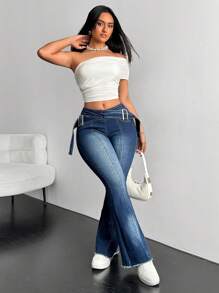 SHEIN ICON Women Skinny Jeans With Pockets And Fur Edges - Blue - View 4