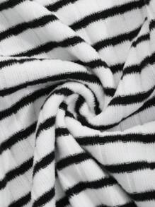 DAZY 女士休闲条纹保暖T恤，秋冬长袖女式上衣，保暖内衬 - 黑與白 - 查看 9