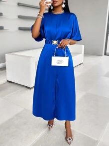 SHEIN Clasi Women Solid Color Simple Daily Satin Dress With Pleated Design