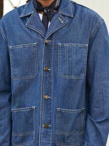Manfinity Homme Oversized American Style Vintage Washed Indigo Blue Denim Jacket With Lapel Collar - Brown - View 3