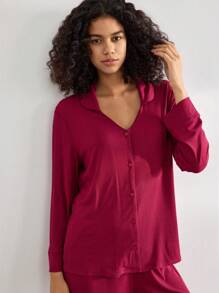 Ocili Conjunto de ropa de estar en casa de mujer de un solo pecho de unicolor con manga larga y pantalones holgados, conjunto de ropa cómoda para temporada de vacaciones, ropa de otoño e invierno - Burdeos - Ver 5