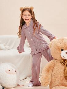 2pcs Girls' Casual Pink Ribbed Fabric Cardigan & Lounge Pants Set - Pink - View 6
