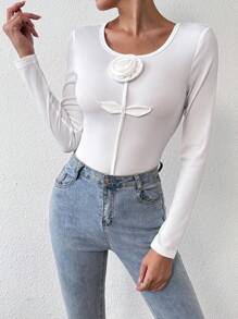 Chiquease Women 3D Floral Decor Crew Neck Long Sleeve T-Shirt - White - View 1