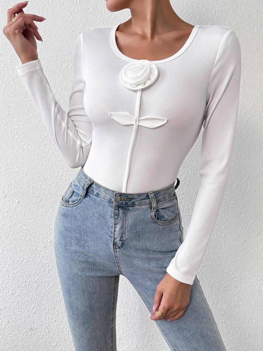 Chiquease Women 3D Floral Decor Crew Neck Long Sleeve T-Shirt - White - View 1