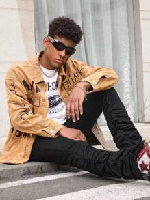 SHEIN Teen Boy Casual Fashionable Soft And Comfortable Mix Cool Black Pile Leg Stretch Jeans For Dailywear And Back To School - Black - View 2