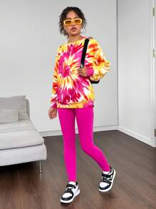 SHEIN Leap Crew 2 件青少年女孩扎染宽松运动衫和紧身裤休闲装 - 彩色 - 查看 6