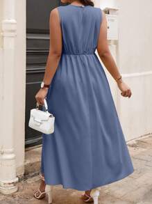 Celure Plus Size Crew Neck Solid Color Pleated Sleeveless Summer Dress - Dusty Blue - View 2