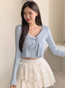 DAZY 2pcs Women Solid Color Spaghetti Strap Camisole And Front Tie Crop Top Set,Fall Clothes - Blue - View 4