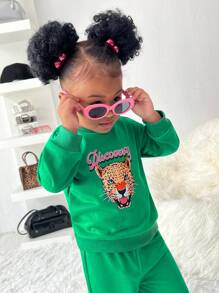 SHEIN Explorewe Baby Girl 2pcs/Set Green Leopard Print Street Fashion Casual Sporty Outfit - Multicolor - View 5