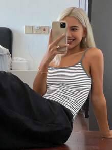 Livesso 女式条纹印花休闲夏季背心 - 淺灰色 - 查看 4