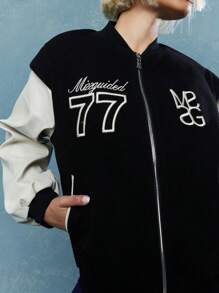 MISSGUIDED Embroidered Logo Varsity Jacket Winter Wear - Black and White - View 3