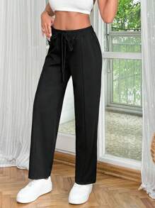 RueChic Women Black Drawstring Solid Seam Pants - Black - View 3