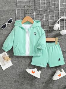 2pcs/Set Baby Boys Solid Color Sports Hooded Jacket With Large Pockets And Shorts Outfits - Green - View 1