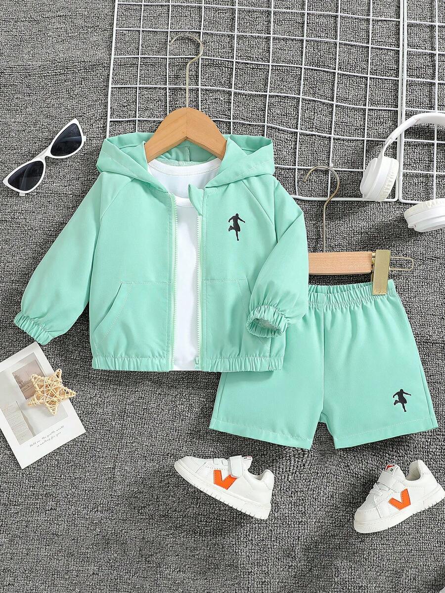 2pcs/Set Baby Boys Solid Color Sports Hooded Jacket With Large Pockets And Shorts Outfits - Green - View 1