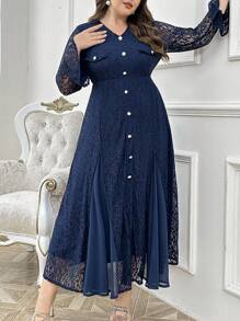 Modelyn Plus Size Women's Lace Patchwork Casual Long Sleeve Dress, Elegant Party Evening Maxi Length Dresses Long Evening Dresses - Navy Blue - View 3