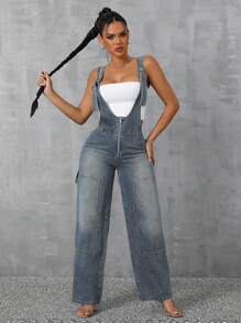 SHEIN SXY Peto vaquero desgastado informal con cremallera - Azul - Ver 3