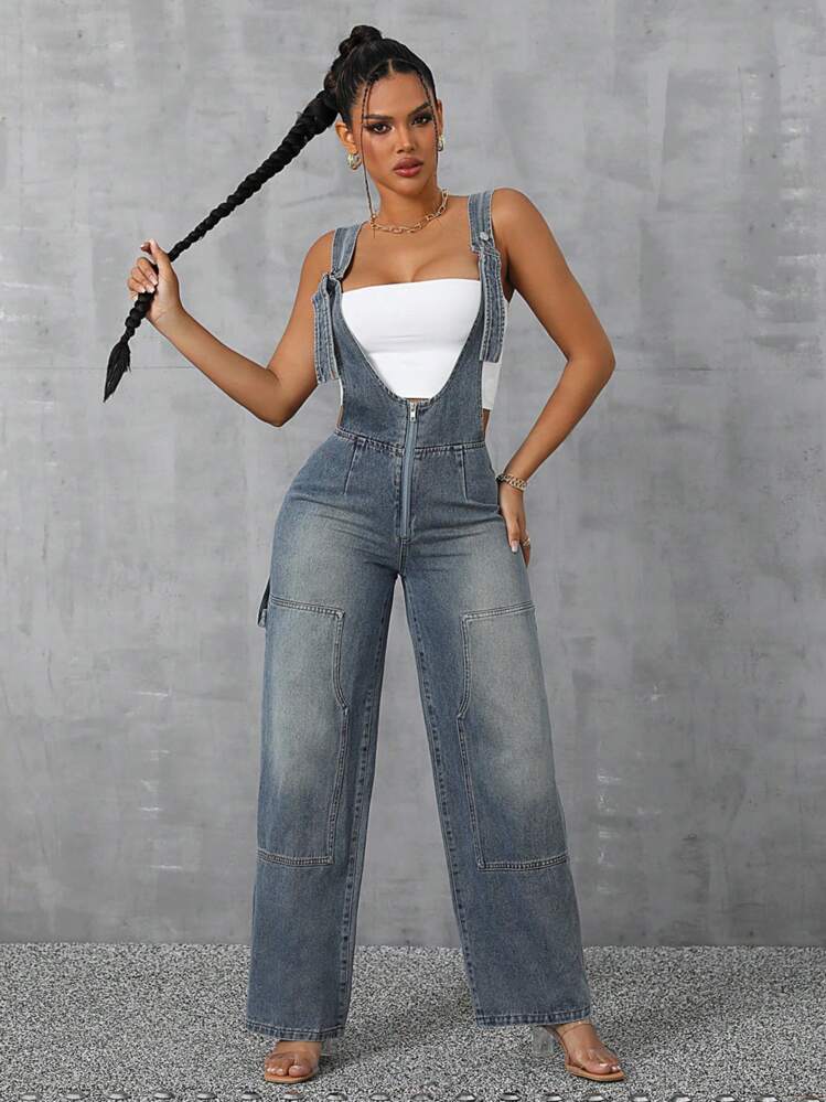SHEIN SXY ジッパー付き カジュアル ウォッシュド デニム サロペット