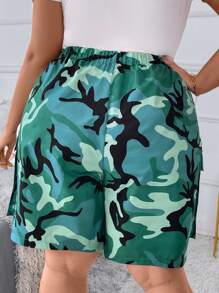 SHEIN CURVE+ Shorts cargo feminino plus size casual com cordão e camuflagem - Verde - Ver 2