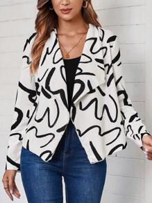 EMERY ROSE Women's Allover Print Lapel Long Sleeve Casual Jacket - White - View 5