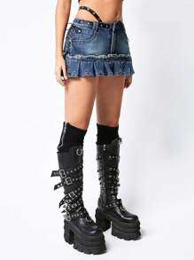 ROMWE Grunge Punk Y2K Punk Riveted Pleated Ultra-Short Mini Denim Skirt With Leggings (Includes Leggings), School