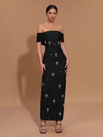 Modphy Nuevo vestido largo con hombros descubiertos, corte en los hombros con diamantes, estilo vendaje. Vestido formal de fiesta para mujer, vestido de dama de honor de boda, vestido de invitada de boda, vestido de noche.