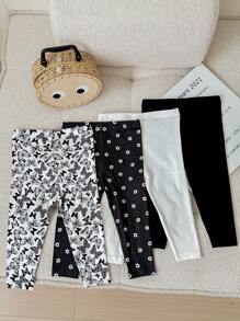 SHEIN LMoss Kids LMoss 4 件套女婴可爱卡通印花紧身弹力腰休闲裤套装 - 黑與白 - 查看 2