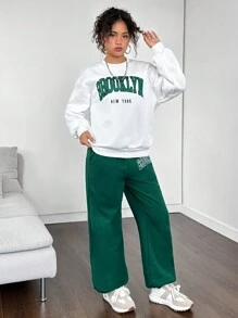 SHEIN 少女针织字母印花图案圆领运动衫和斜口袋运动裤，休闲两件套 - 墨綠色 - 查看 4