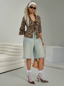 VARSITIE Retro Stil Golf Shirt mit Plakette, Schleifen-Ärmeln und Leoparden Muster für Damen Oberteile & Tanks