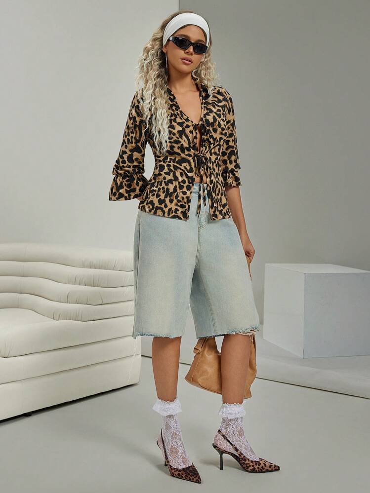 VARSITIE Retro Style Golf Front Placket Tie Puff Sleeves Leopard Print Shirt Collar Women Tees & Tanks - Brown - View 3