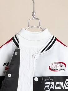 SHEIN 年轻男孩休闲舒适摩托车图案棒球领设计加厚长袖夹克适合通勤、上学、居家休闲、街拍、聚会、户外游玩