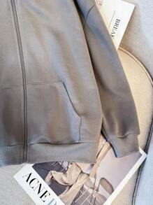 Chaqueta con capucha de sudadera con cremallera y estampado de estrella en la espalda, holgada y casual, de urbana, de color gris ultra suelto, de manga caída para niña preadolescente