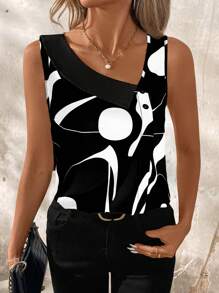 EMERY ROSE Contrast Color V-Neck Sleeveless Summer Shirt - Black and White - View 1