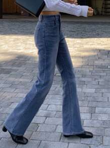 DAZY 女式休闲阔腿牛仔裤，配有多个口袋和正面纽扣