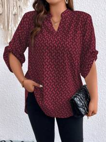 Breezaya Plus Size Spring/Autumn Casual Allover Print Notched Neck Roll Up Sleeve Shirt Fall Cloth For Women - Burgundy - View 1