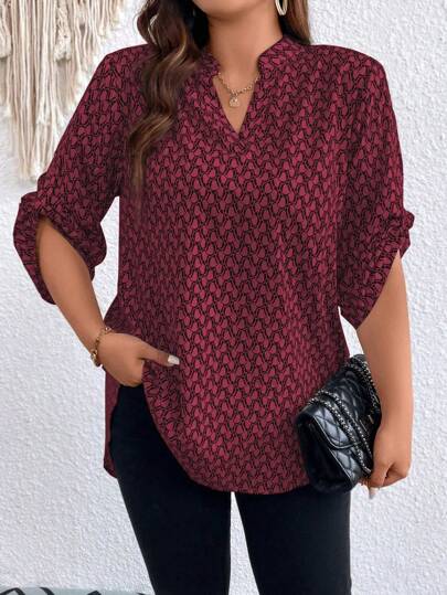 EMERY ROSE Plus Size Spring/Autumn Casual Allover Print Notched Neck Roll Up Sleeve Shirt Fall Cloth For Women